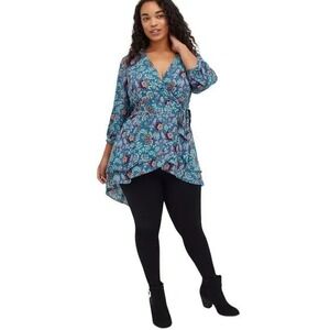 Torrid Boho Midnight Floral Chiffon Faux Wrap Hi-Lo Tunic Blouse 2X Romantic